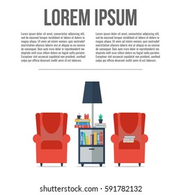 I love reading. Room interior with bookcase and armchairs. Vector illustration with place for your text. 