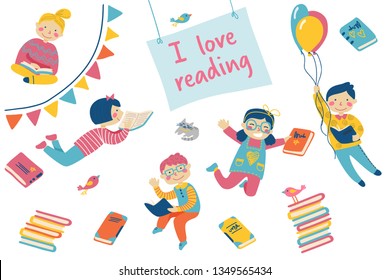 I love reading. Set of elements for the international children's book day. Children read books, a stack of books, flags, balloons.Vector illustration in cartoon style