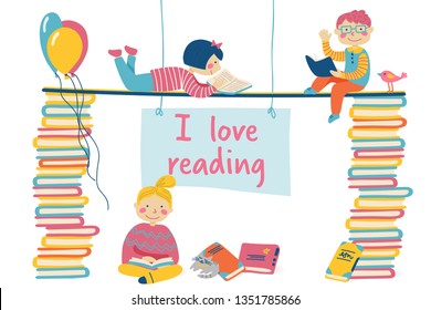 I love reading. space for text. Boy and girls read books, sit on a bookshelf. Postcard, greeting, banner. Vector illustration in flat style. Space for text.
