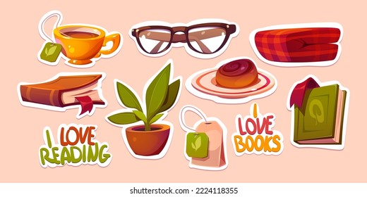 Love reading stickers pack, book, glasses, tea bag and cup, dessert on plate. Potted plant, plaid and lettering patches, graphic design elements for readers hobby and education, Vector illustration