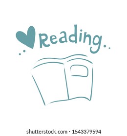 love reading. vector illustration with cartoon contour book, lettering, heart, decor elements. flat template style. hand drawing. learning and educational