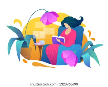 Love reading vector illustration in flat style. Young woman reading book on armchair at home. 