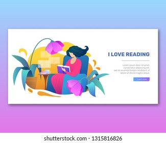 I love reading vector poster in trendy flat style. Young woman reading book on armchair. Intellectual hobby, distance studying and self education. Relaxation with book at home in comfortable setting