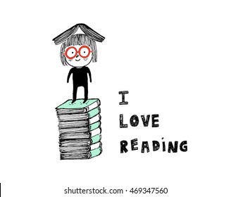 I love reading,a girl on top of a pile of books.Hand drawn vector illustration