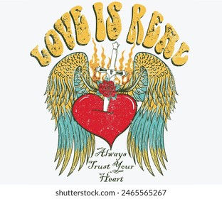 Love is real. Heart with knife artwork, Eagle wing vector t-shirt design. Freedom music tour. Free spirit vintage artwork. America eagle rock and roll poster design. Music festival artwork. Rose.