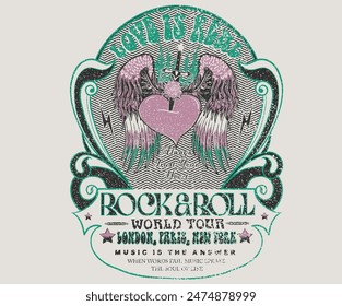 Love is real. Heart with knife artwork, Eagle wing vector t-shirt design. America eagle rock and roll poster design. Music festival artwork. Rose. Freedom music tour. Free spirit vintage artwork.