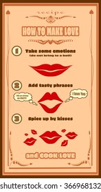 Love recipe card. Creative template for invitation. Step by step instruction how to make love. Love cooking