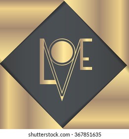 'Love' rectangular greeting card, invitation template, decorated with golden foil corners. Art deco style.