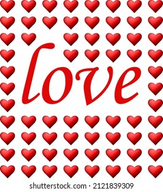 Love red background. Word Love with red heart. Card for beloved. Valentine