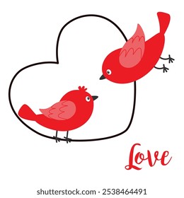 LOVE. Red birds sitting on heart sign symbol and flying. Bird in love set. Happy Valentines day. Cute cartoon kawaii funny baby character. Childish style. Flat design. White background Isolated Vector