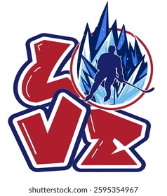 love - red, blue and white color - ice hockey player, winter sport vector graphics, for street art  