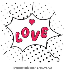 Amor - discurso de burbuja roja sobre fondo cómico de puntos negros. Adecuado para comentarios o notas de pensamiento en estilo Pop Art. Ilustración vectorial