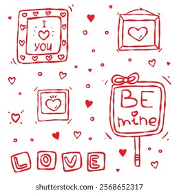 Love Red Doodles. A set of hand drawn doodles. Frames, polaroid photo, banner. Love, Be Mine, I love you. Valentine's Day, wedding or anniversary design, gifts, prints, greeting cards and invitations