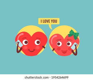 Love red heart couple for Invitation card, Valentine's Day. Family selfie. Hearts cartoon characters, Love emotion symbol isolated on white background. Vector illustration, eps 10.