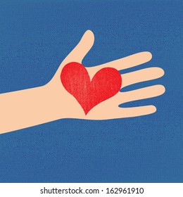 Love red heart in hand to woman on grunge denim background . Vector illustration .