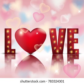 Love red letters card with lights Vector realistic. Happy Valentines day greeting