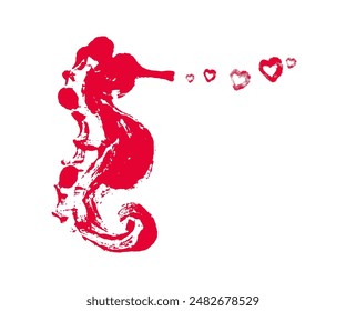 love red sea horse stamp with heart. Valentine seahorse