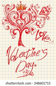 Love red tree. Valentine's Day. Hand Drawn.