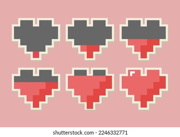 Love refill relationship, vector icon set heart shape in pixel art style  8-bit  isolated background, the icon for valentine's day. flat red heart.