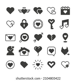 Love related black icon collection. Set of heart shapes and symbols