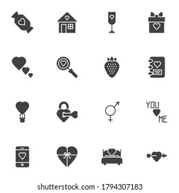 Love verwandte Vektorsymbole Set, moderne solide Symbolsammlung, gefülltes Piktogramm-Paket im Stil. Zeichen Logo-Illustration. Set enthält Symbole wie Valentinstag, Süßigkeiten, Herzen, Geschenkbox, Geschlecht des Geschlechts, Champagner