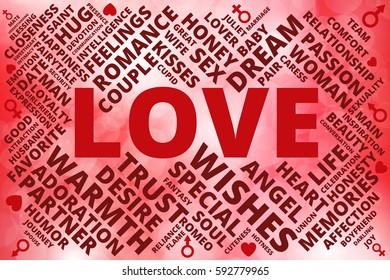 Love related words cloud collage of red shades with hearts, man and woman symbols on blurred background