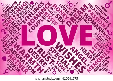 Love related words cloud collage of pink, violet and cherry shades with hearts, man and woman symbols on blurred background