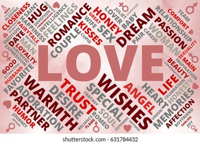 Love related words cloud collage of red and gray shades with hearts, man and woman symbols on blurred background