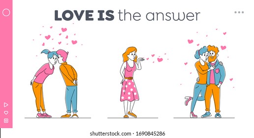Love Relation Landing Page Template. Happy Loving Couple Kissing. Man and Woman Characters Spend Time Hugging and Rejoice with Hearts around. Girl Send Air Kiss, Linear People Vector Illustration