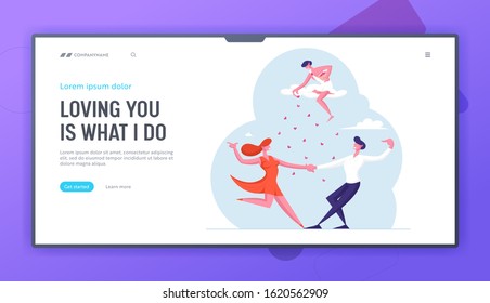 Love Relations Website Landing Page. Happy Loving Couple Sparetime. Man and Woman Characters Spend Time Together Dancing Cupid Throw Hearts from Sky Web Page Banner. Cartoon Flat Vector Illustration