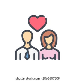Love relationship color line icon. Man and woman with heart above vector outline colorful sign.