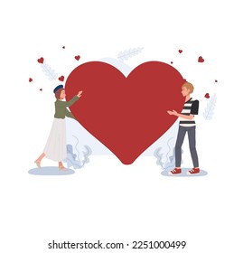 love and relationship concept. Mini people standing with big red heart. Cute couple in love with big red heart. 