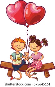 Love relationship and dating concept. Romantic playful teens couple are sitting with heart shaped balloons. Valentines day greeting card