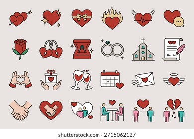 Ikonenpaket für Liebe und Beziehung, das Romantik, Kommunikation, Dating, Engagement, Feiern, Heirat, Unterstützung, Leidenschaft und Trennung veranschaulicht. Entworfen im modernen, farbenfrohen Stil.
