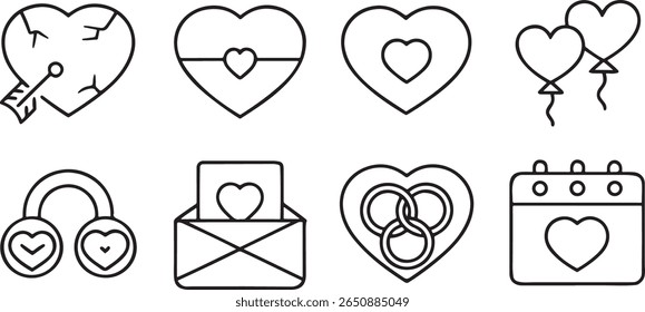 Love and relationship icon set, includes heart shape, broken heart, couple icon, hugging, heart ring, gift box, love letter, balloon, clean black line design