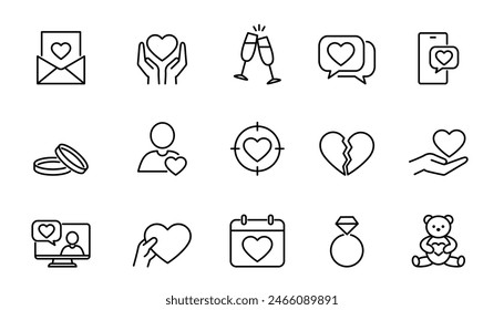 Love and relationship icons set. Editable stroke. Isolated vector illustration. 