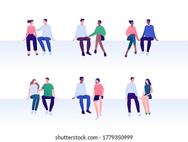 Love relationship, lgbt romantic date and friendship concept. Vector flat person illustration set. Multiethnic character. Female and male couples sitting. Design element for banner, valentine day card