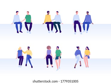 Love relationship, lgbt romantic date and friendship concept. Vector flat people illustration set. Mixed ethnic characters. Different couples of man and woman sitting. Design for banner, card.