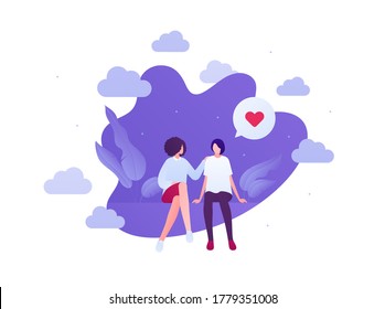 Love relationship and lgbt romantic date concept. Vector flat people illustration. Multiethnic characters. Lesbian female couple sitting. Heart shape sign. Design for banner, valentine day card.