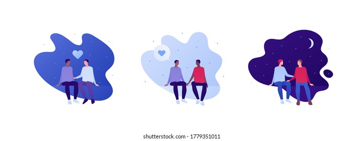 Love relationship and lgbt romantic date concept. Vector flat person illustration set. Multiethnic characters. Cute male couple sitting. Heart symbol. Design for banner, valentine day card.