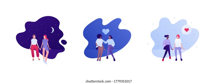 Love relationship and lgbt romantic date concept. Vector flat person illustration set. Multiethnic characters. Lesbian female couple sitting. Heart symbol. Design for banner, valentine day card.