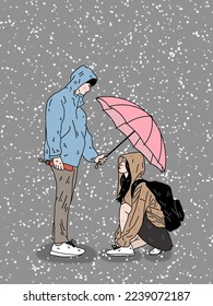 Love, relationship, romance concept. Young loving couple boyfriend and girfriend man and woman cartoon characters standing embraced with umbrella in rain vector. Romantic date in park illustration.