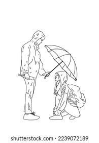 Love, relationship, romance concept. Young loving couple boyfriend and girfriend man and woman cartoon characters standing embraced with umbrella in rain vector. Romantic date in park illustration.