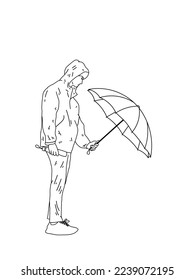 Love, relationship, romance concept. Young loving couple boyfriend and girfriend man and woman cartoon characters standing embraced with umbrella in rain vector. Romantic date in park illustration.