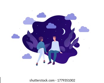 Love relationship and romantic date concept. Vector flat person illustration. Different ethnic character. Couple of man and woman sitting on night backgroud. Design for banner, valentine day card.