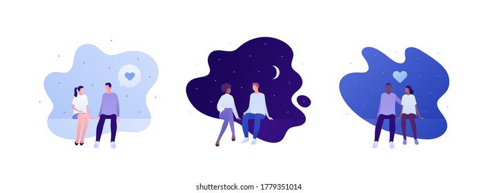 Love relationship and romantic date concept. Vector flat person illustration set. Multiethnic characters. Couple of man and woman sitting. Heart symbol. Design for banner, valentine day card.