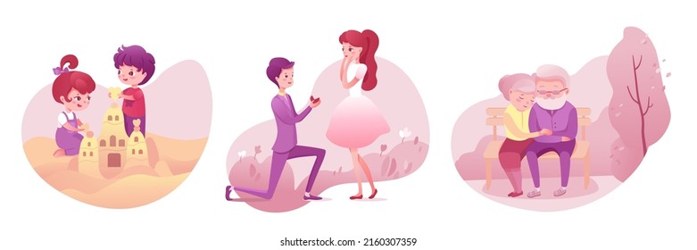 Love And Relationship Of Two People At Different Ages Set Vector Illustration. Cartoon Cute Boy And Girl Play On Beach Together, Boyfriend And Girlfriend On Date, Old Couple Sitting On Bench In Park