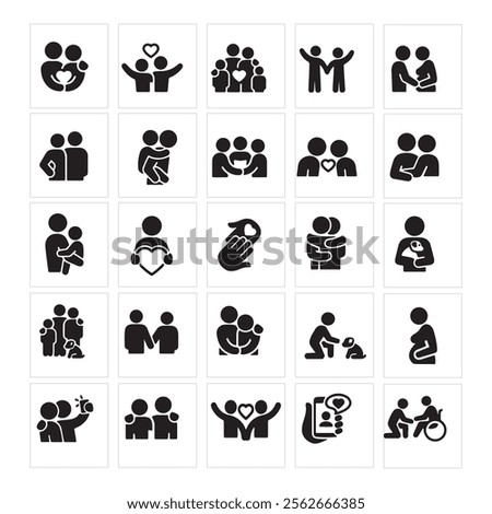 Love and Relationship vector icon set symbol family child embracing friendship people support dog couple pregnant women offspring two holding dating selfie online dating passion print web store social