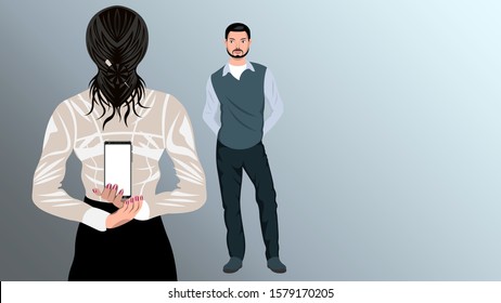 Love relationship. Woman holding phone behind her back for a man. Girlfriend hides the smartphone from boyfriend. Rear view. Realistic vector illustration stock.