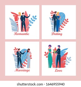 Love Relationships Development Stages Cards from Romantic Dating to Marriage with Man and Woman Cartoon Characters Demonstrating Tenderness and Sweet Care. Flat Vector Isolated Illustrations Set.